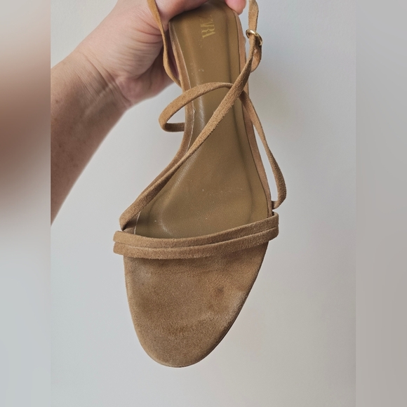 Zara Brown TAN Suede Straps Ankle Sandals Kitten Heel  Size 9 - Picture 8 of 8